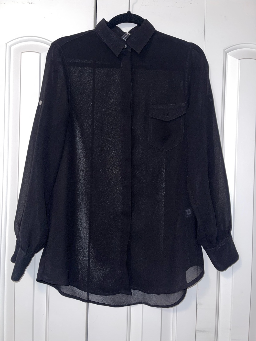 Black Sheer Button-Up Blouse with Pocket